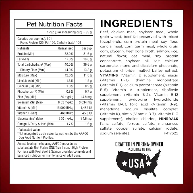 Purina ONE True Instinct High Protein Formula with Real Beef and Salmon Dry Dog Food - (4) 3.8 lb. Bags | Nutrient dense, with 32% protein for strong muscles, natural with added vitamins, minerals and nutrients