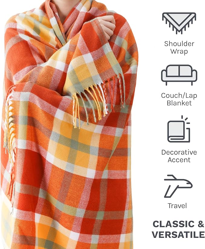 Fall Plaid Throw Blanket for Couch, Orange Plaid Blankt 50"x60", Fall Decor | Burnt Orange Throw Blanket, Soft Decorative Woven Blanket with Tassels, Rustic Farmhouse Style Blanket Throw for Bed Sofa