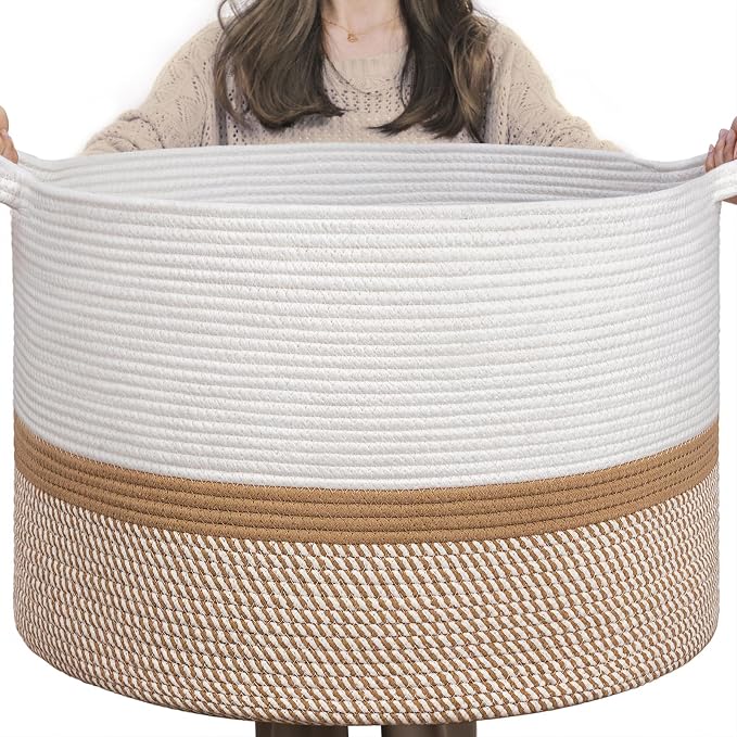 INDRESSME XXXLarge Woven Rope Blanket Basket Living Room White Camel, 90L | 21.7" x 13.8" Storage baskets for toys laundry & pillows. Fits living room, bedroom or nursery décor. Soft-touch with handles