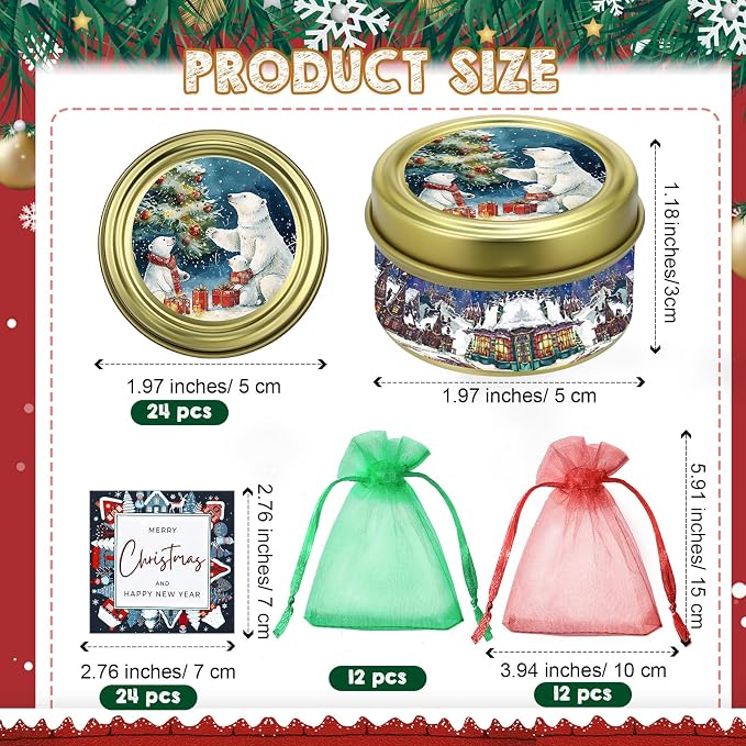 MTLEE 24 Sets Christmas Scented Soy Wax Candles Aromatherapy Candles with Organza Bag and Cards Bulk, Portable Travel Tin Candle Party Favors Christmas Gifts for New Year Home Supplies(Romantic)