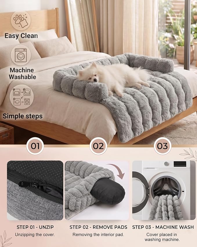 IUUI Dog Bed/Mat for Couch,Faux Rabbit Fur Pet Sofa Furniture Protector | Non-Slip&Manchine Washable,Protects Sofa from Fur & Scratches,Bubble Puff Fluffy Texture,Cozy for All Size Dogs&Cats