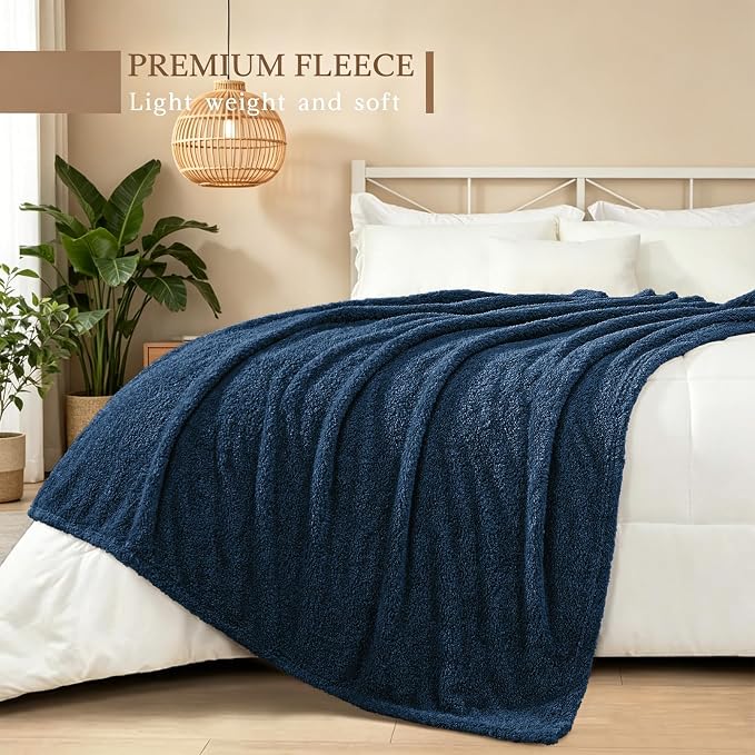 Exclusivo Mezcla Fleece Bed Blankets Queen Size for Bed, 90" x 90" | Super Soft and Cozy Fluffy Blanket for Women, Lightweight and Fuzzy Bedding for Bedroom , All Season, Navy Blue