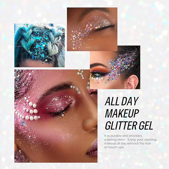 Clear White Face Body Hair Glitter Gel, Party Concerts Face Paint Mermaid Holographic Chunky Festival Rave Accessories Glitter Makeup, 6 Kinds of Sparkling Sequins for Hair Nail Eye Lip Body