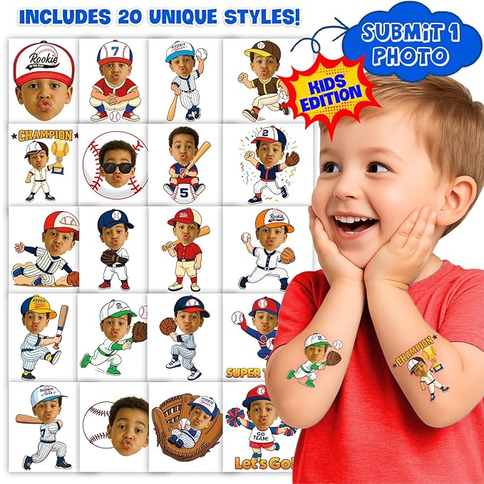 Custom Baseball Temporary Tattoos for Kids - Personalized Pre-Cut Face Photo Tattoos - Fun Birthday Party Favors for Boys, Baseball Fans - Set of 20 Unique Celebration Gifts