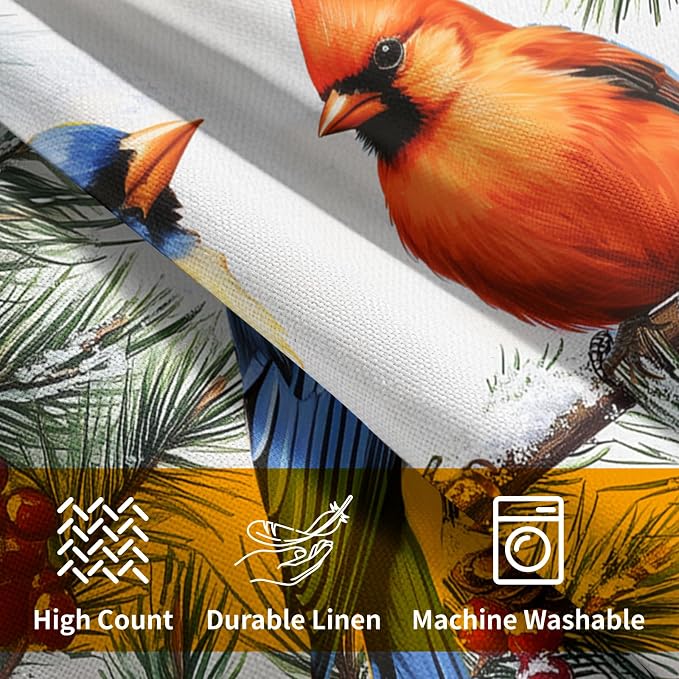 Kawani Christmas Birds Pillow Covers 20x20 Inch, Winter Bird Pine Cone Needle Branch Berry Throw Pillowcase Cotton Linen Square Cushion Case for Sofa Couch Home Holiday Decor Pack of 2