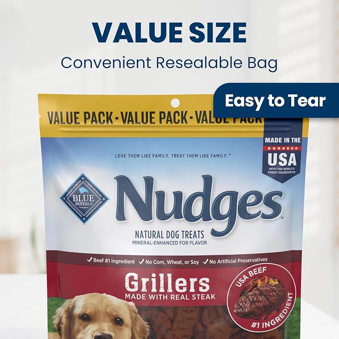 Blue Buffalo Nudges Grillers Steak Dog Treats, 36 oz | Real USA Beef First, Charred Texture, For All Breed Sizes, No Chicken By-Product, Corn, Wheat, or Soy
