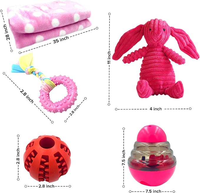 Puppy Starter Kit – 5pc Dog Toy Gift Set for Small Dogs – Blanket, Squeaky Plush, Teething Ring, Treat Ball – New Puppy Essentials Gift Box (Pink)