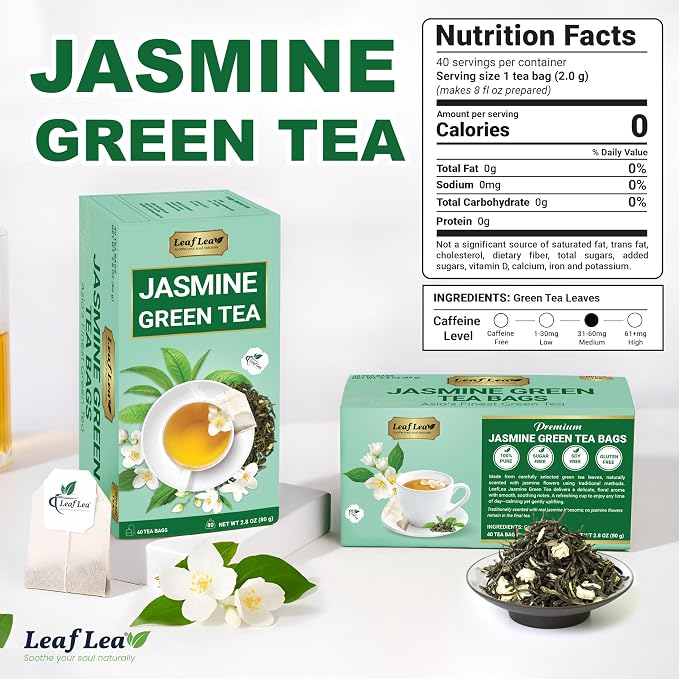 LeafLea Jasmine Green Tea Bags, Naturally Jasmine-Scented, 40 Count | Smooth Green Tea With Soft Jasmine Aroma, No Petals Inside, Sugar-Free, Vegan, 40 Individually Foil-Wrapped Bags
