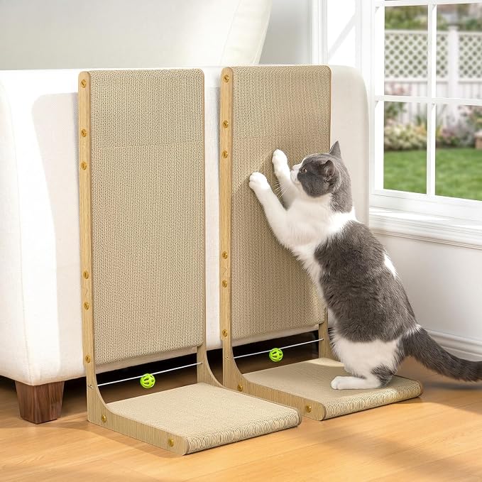 Conlun Cardboard L Shape Cat Scratcher | 26" Vertical Wall-Leaning Scratching Board & Cosy Lounge Bed, Sofa Protector with Bell Toy,Wood Grain，Large(2 Pack)