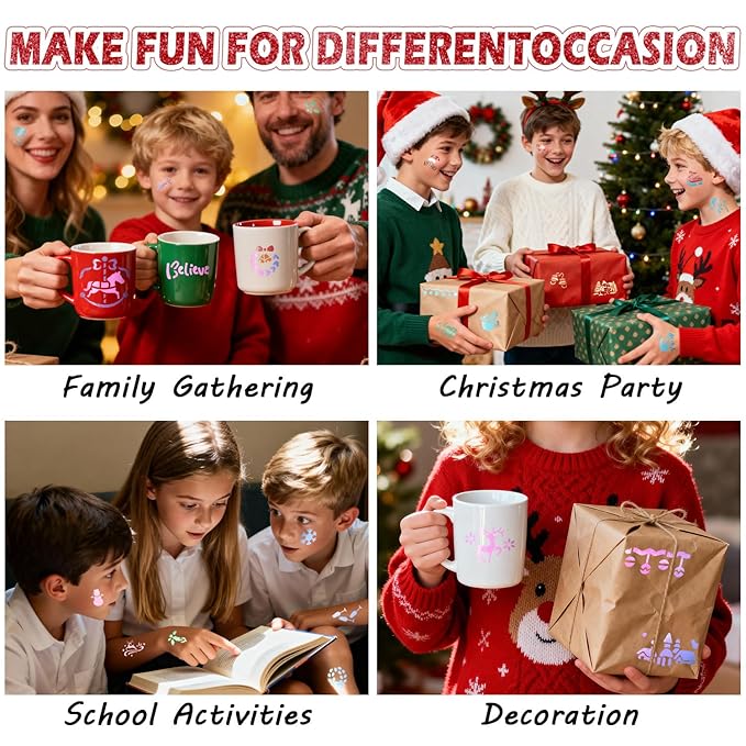 8 Metallic Temporary Tattoo Markers for Kids Adults, 155+ Christmas Santa Snowman Tattoo Stencils, Girl Boy Women Face Body Paint Cosmetic Tattoos Pens for Skin DIY Xmas Stocking Stuffers Party Favor