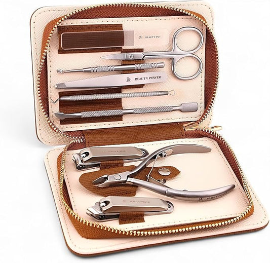 Beauty Power 9 in 1 Professional Manicure Pedicure Set - Stainless Steel Nail Clippers, Nano File, Cuticle Nipper, Scissors, Tweezers, Travel PU Leather Case for Men & Women - Gift Ready Brown New