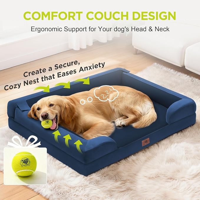 Waterproof Orthopedic Dog Bed for Extra Large Sized Dogs | Memory Foam Pet Bed Sofa with Bolster, Dog Couch with Washable Cover & Non-Slip Bottom, 45x35 Inch, Royal Blue