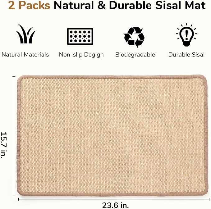 FUKUMARU 2 Packs Cat Scratching Mat, 23.6 x 15.7 Inch Cat Scratcher Pad | Natural Sisal Cat Scratch Mat for Indoor Cats, Horizontal Cat Wall Scratcher Floor Rug with Sticky Tapes, Furniture Protector