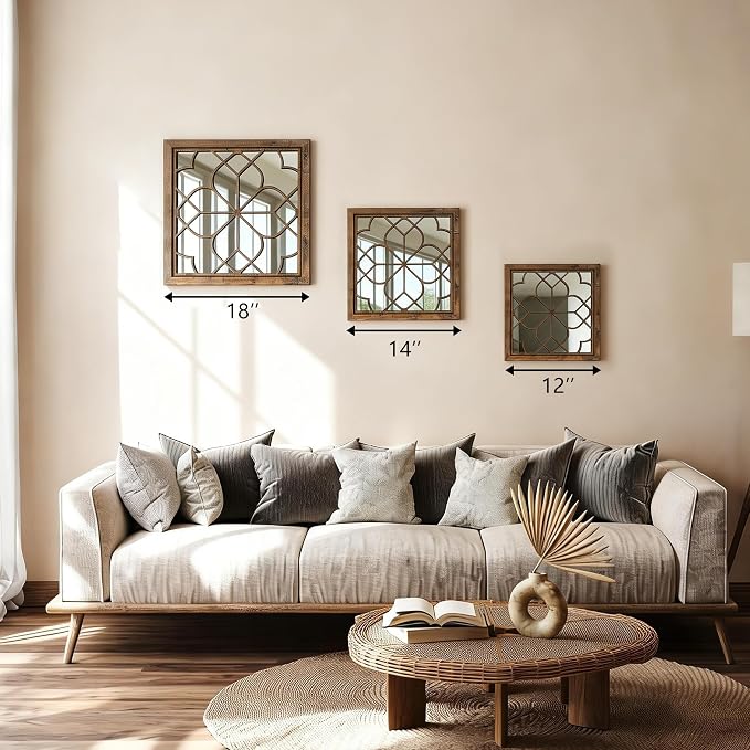 Set of 2 18 Inch Large Square Maroon Window Pane Wall Mirrors, Shatterproof Rustic Farmhouse Boho Vintage Accent Mirrors for Living Room, Bedroom, Bathroom, Entryway & Home Decor