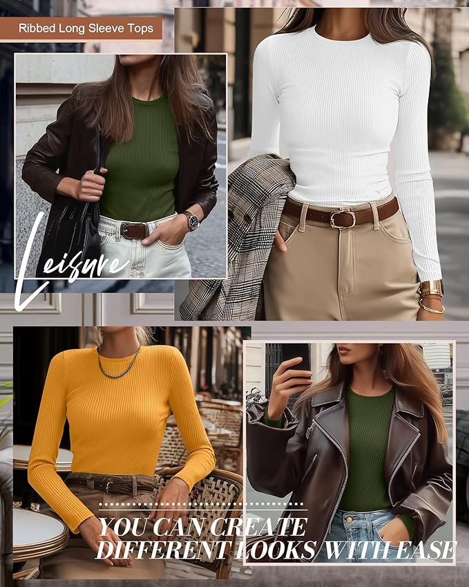 Ficerd 3 Pack Women's Ribbed Long Sleeve Tops, Crew Neck Slim Fit Undershirts Knit Basic Casual Stretch Layering Tee Shirts