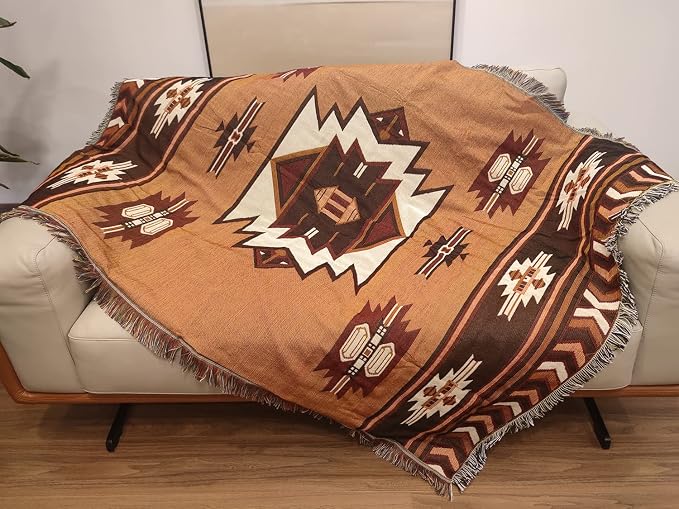 Aztec Throw Blanket Native American Blanket Southwestern Boho Decor Reversible Woven Tassels Mexican Blankets and Throws for Couch Bed Chair Wall Livingroom Outdoor Travel Brown 63"x87"