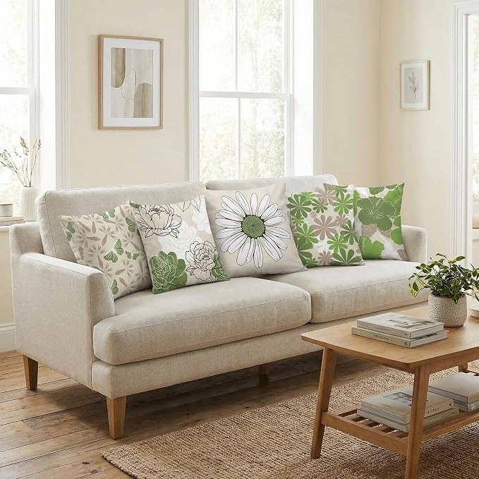 COMMINY Sage Green Linen Pillow Covers 18x18 Set 6 Farmhouse Throw Cover | Spring Summer flower, decorative Daisy Dhalia, Breathable Linen,Standard Throw Pillow Size, Bedroom Accent Couch Sofa