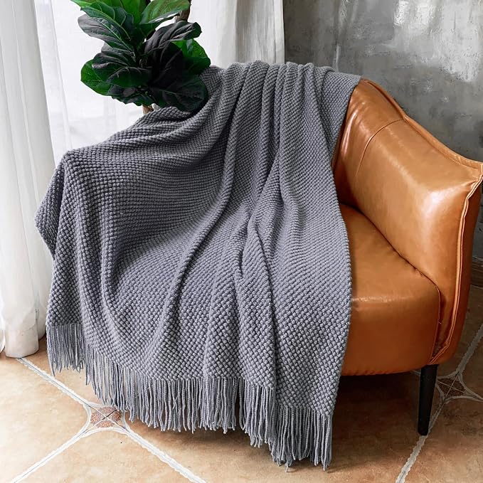 LOMAO Knitted Throw Blanket with Tassels Bubble Textured Soft Lightweight Throws for Couch Cover Home Decor (Dark Grey, 50x60)