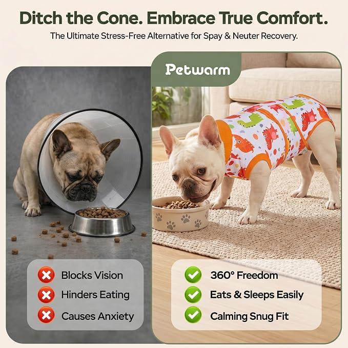 PetWarm Dog Neuter Recovery Suit, Onesie for Dogs After Surgery, Professional Dog Recovery Shirt Abdominal Wounds Bandages Substitute E-Collar and Cone, Dinosaur Pattern, Yellow, 2XL