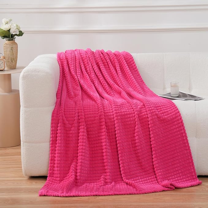 Puncuntex Fleece Throw Blanket Hot Pink 50"×60" with Square Grid Design | Super Soft Plush Cozy Flannel Throw Blanket Luxury for Couch Sofa Chair