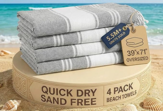 LANE LINEN Turkish Beach Towels Set of 4 - Oversized Beach Towel 39"x71", Durable Sand Proof Towel, Absorbent & Quick Dry, Perfect for Pool or Travel – Alloy