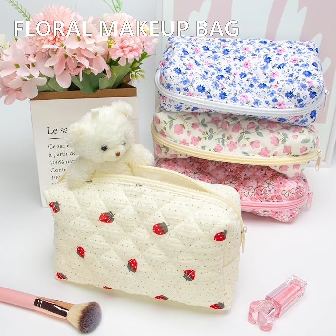 Small Quilted Makeup Bag,Zipper Cosmetic Pouch,Gauze Strawberry,6 Pack | Lightweight Cosmetic Bag Organizer for Women,Purse Storage Holds Makeup,Toiletries,Skincare,Beauty Essentials,Travel Items