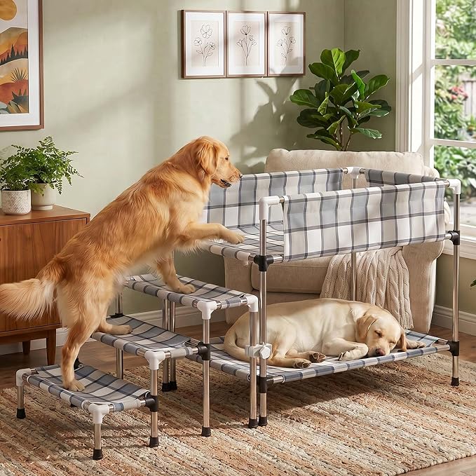 Bedside Dog Bunk Bed with Guardrail & Stairs, Elevated Double Pet beds | Window Perch Sleeper Raised Cosleeper 2 layers Double Stainless Steel Removable Small Medium Large Multiple