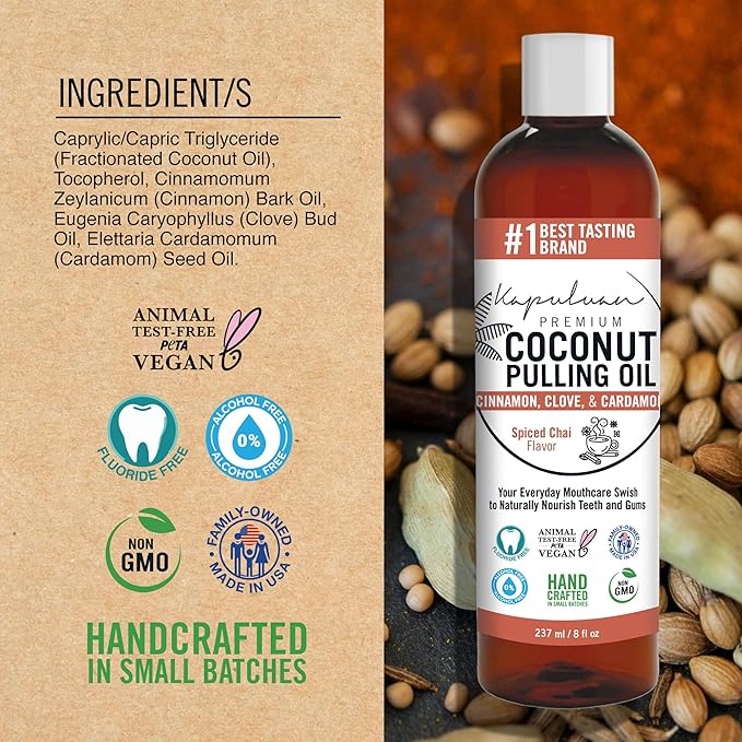 Kapuluan Coconut Oil Pulling for Teeth and Gums Mouthwash, 100% Pure and Natural, Non-GMO, Ayurvedic – Refreshing Spiced Chai Essential Oils