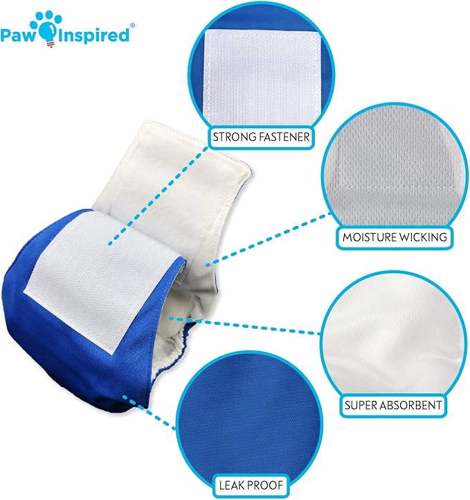 Paw Inspired Washable Male Dog Wraps, Assorted, White Lining, Small, 3 Pack | S Size, Blue/Green/Brown Colors, Reusable Cloth Belly Bands for Potty Training, Marking, Incontinence, Travel, Surgery