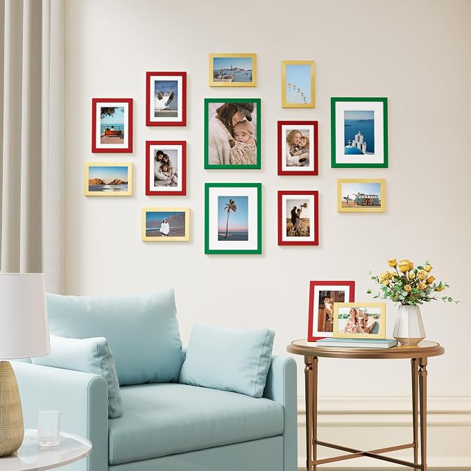 Vittanly 15 Pack Gallery Wall Frame Set, Green, Red, Gold | Picture Frames Collage Wall Decor: 3pcs 8x10, 6pcs 5x7, 6pcs 4x6. Picture Frame Set for Wall or Tabletop Display