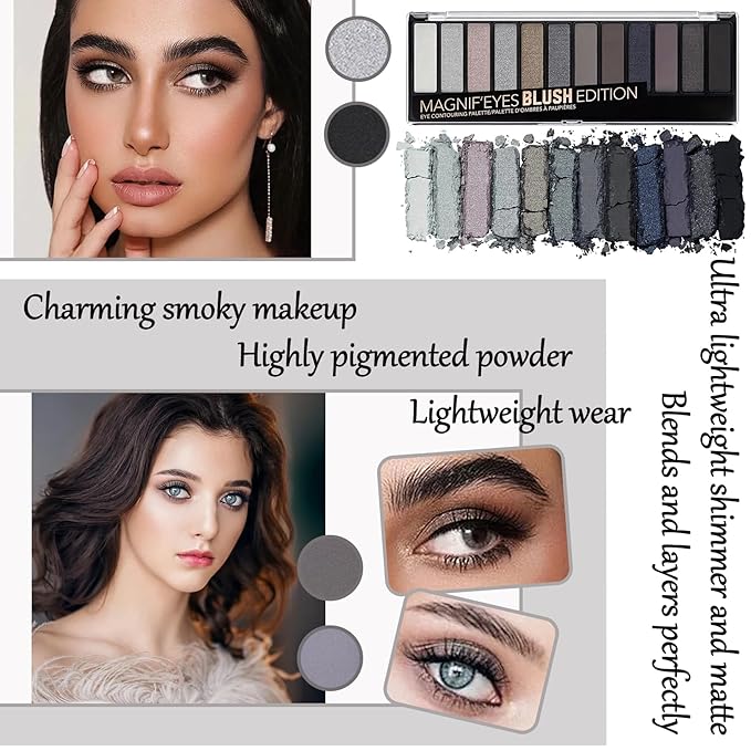 Black Grey Smoky Eyeshadow Palette,15 Colors Matte Shimmer Pigmented Eye Shadow Makeup Palette Set with 3 Eyeshadow Brushes,Glitter Eye Shadow Palette for Daily Halloween Goth Makeup(G)