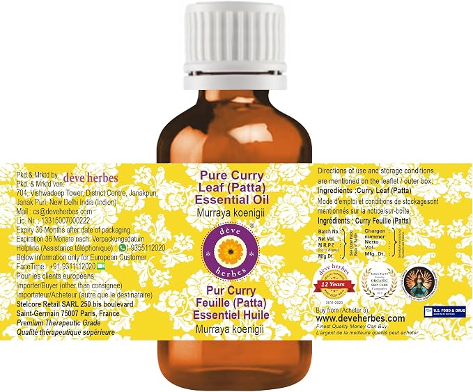 Deve Herbes Pure Curry Leaf (Patta) Essential Oil (Murraya koenigii) Steam Distilled (Pack of Three) 100ml X 3 (10 oz)