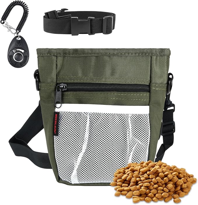 kissleaf Dog Treat Pouch, Magnetic Closure, Dog Clicker- Green