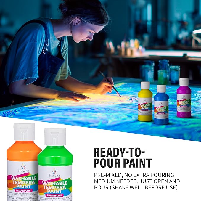 Neon Fluorescent Washable Tempera Paint – UV-Reactive Under Blacklight, 6 Bright Colors, 4 fl oz Bottles, Non-Toxic Kid-Safe Craft & Classroom Paint, Made in USA