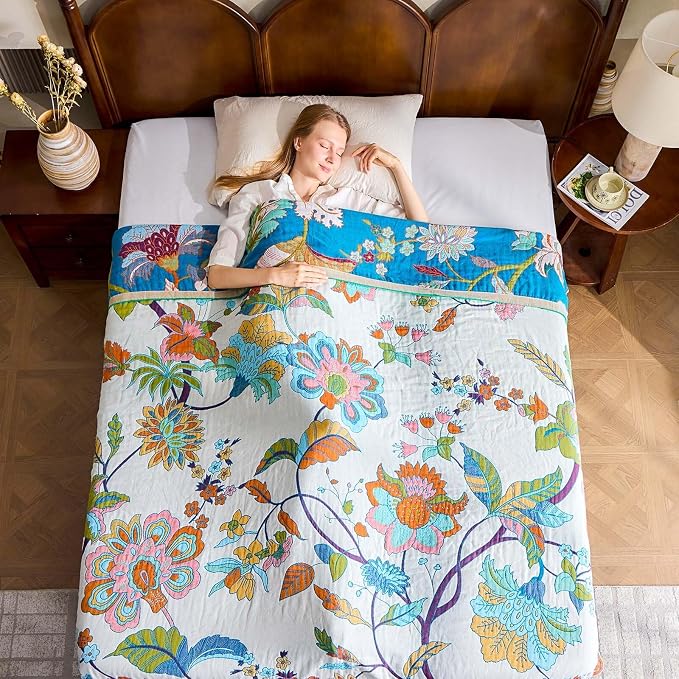 XIBLC Summer Throw Blanket, 80"x90" Reversible Bohemian Flower Blanket, 100% Cotton Muslin Breathable Woven, Farmhouse Decorative Throw Blanket