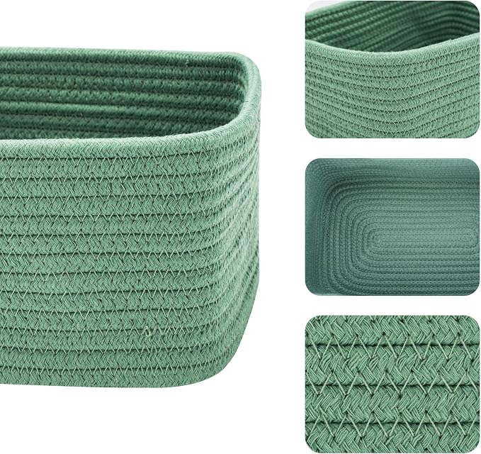 MiniArk Small Storage Baskets for Organizing | Closet Organizer Bins | Shelf Toy Basket | Woven Rope Baskets | Cube Decorative Box | Shallow Basket | 11.5x7.5x4.7” | 3 Packs Green