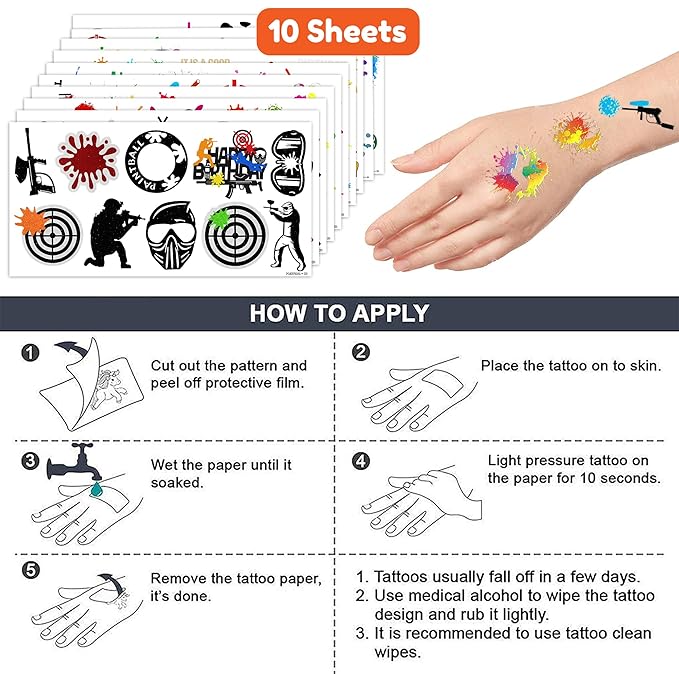 Paintball Temporary Tattoos Gun Birthday Party Decorations Favors Supplies Shooting Themed Cute Stickers 10 Sheets 100 PCS Gifts for Baby Girls Boys Class School Carnival