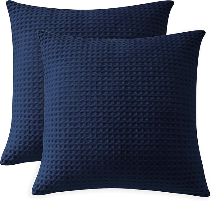 100% Egyptian Cotton 600 TC Waffle Weave Throw Pillow Covers 2 Pack | Ultra Soft Breathable Euro Pillow Shams Covers, Decorative Cushion Covers for Bed Couch Sofa Car, Navy Blue, 20" x 20"