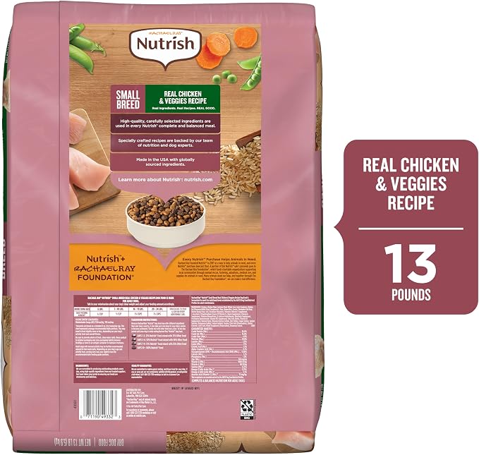 Nutrish Small Breed Dry Dog Food with Chicken, 13 lb. Bag (Rachael Ray) | Suitable for Small Adult Dogs, Veterinarian Reviewed Formula, Made with No Artificial Flavors