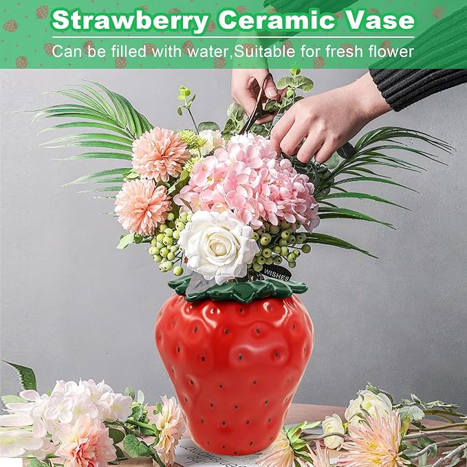 Vintage Ceramic Strawberry Vase, Red Strawberry Flower Pot Planter with Lid | Strawberry Shaped Planter Ceramic Vase for Flowers, Inspired Strawberry Decorative Vases for Home Decor