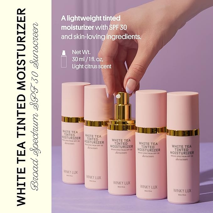 Winky Lux White Tea Tinted Moisturizer SPF 30 - Buildable Coverage with Facial SPF, Lightweight Sunscreen for Face, Naturally Radiant Finish, Long Lasting Coverage with Vitamin E, Medium