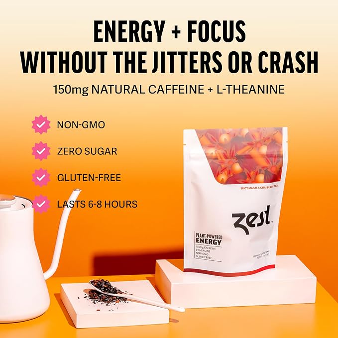 Zest Energy Black Tea - Spicy Masala Chai Loose Leaf Blend - High Caffeine Cardamom Ginger Tea with Cinnamon - Caffeinated Coffee Altnernative - Natural, Non-GMO & Keto - 50 Servings - 150mg Caf