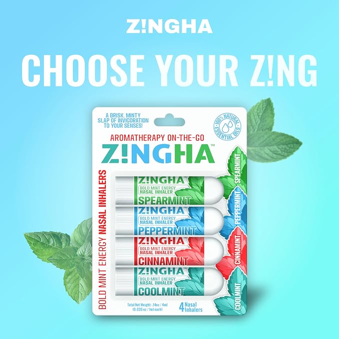 Z!NGHA Natural Aromatherapy Nasal Inhaler Stick for Sinus Relief, Focus & Stress Relief | Portable Dual-Hole Essential Oil Blend (4PK, Coolmint)