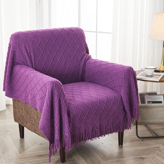 inhand Purple Knitted Throw Blanket for Couch and Bed, 50"x60" | Gifts for Mom from Daughter Son, Soft Lightweight with Tassels, Farmhouse Warm Decorative Blanket for Women, Cozy Knit