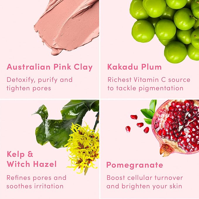 Sand & Sky Clay Mask for Face Pore Minimizer - Australian Pink Clay Detoxifying Face Mask for Pores, Kaolin Clay Mask, Brightening Vitamin C Formula, Brush Included
