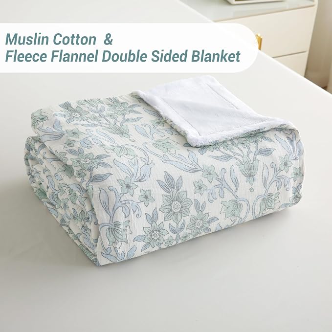 Viviland Cotton Muslin Blanket Reversible Fleece Blanket Lightweight Breathable Gauze Queen Size 90 x 90 Inches, Green Narcissus