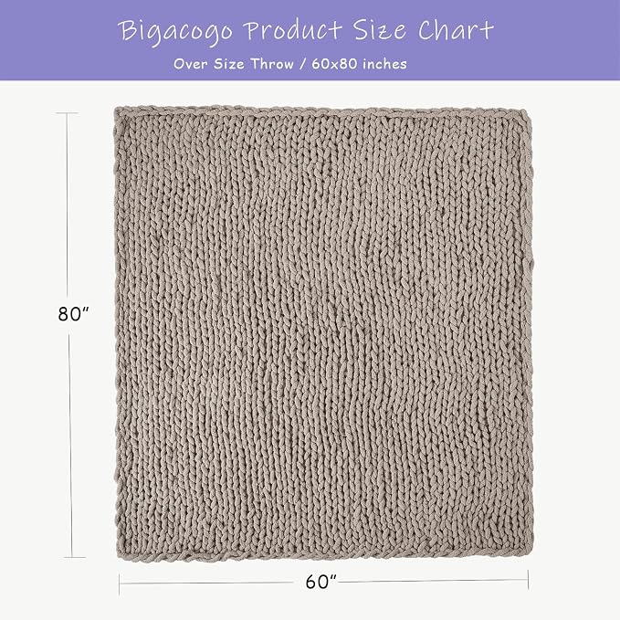 Bigacogo Chunky Knit Throw Blanket for Couch, 60x80 inches, Taupe | Hand Knit with Jumbo Chenille, Soft Breathable Cable Knit for Sofa Bed Living Room, Machine Washable, Gift for Mom Friend