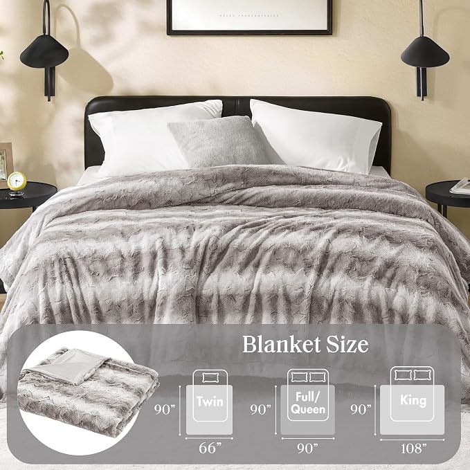 Madison Park Zuri Ultra Soft Faux Fur Queen Blanket Reversible, Grey | Ultra Soft, Breathable Fabric for Bed or Couch, Lightweight, Plush, OEKO-TEX Certified