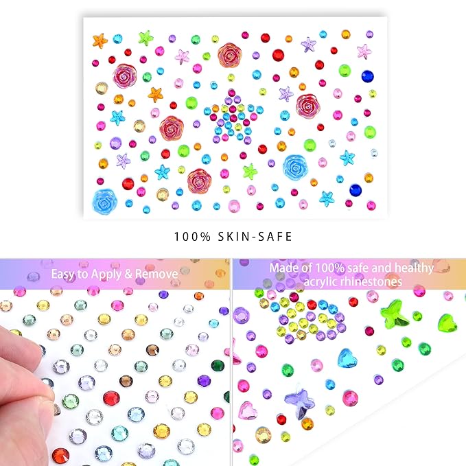 SAOROPEB 5 Sheets Face Gems Face Jewels Stickers, Self Adhesive Eye Body Face Nail Crystal Rhinestones Rainbow for Women Festival Accessory and Nail Art Decorations