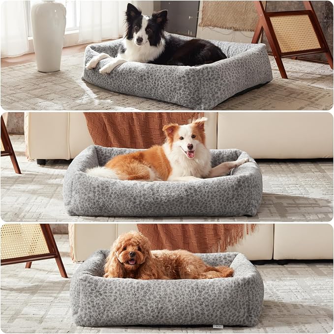 JOEJOY XL Dog Beds Large Sized Dog, Removable Washable Cover Orthopedic Soft Faux Rabbit Fur Pet Bed, Anti-Slip Fluffy Plush Faux Rabbit Fur Puppy Bed, 42"x36"x9", Leopard Print, Grey